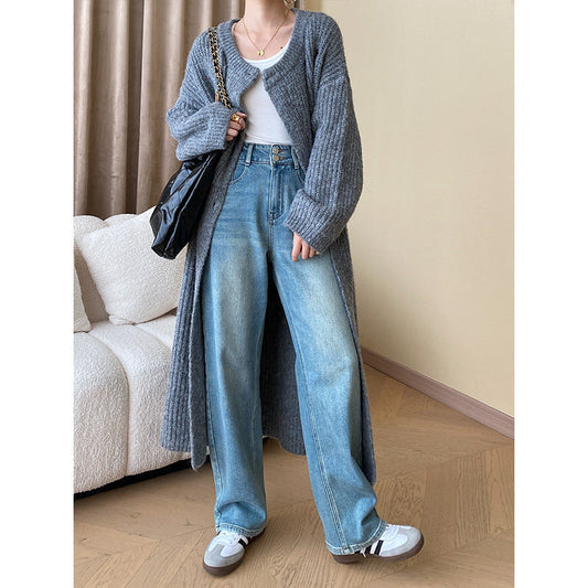 Advanced Idle Early Autumn Rabbit Sheep Hair Combination Thick Knitted Cardigan Baggy Coat Long