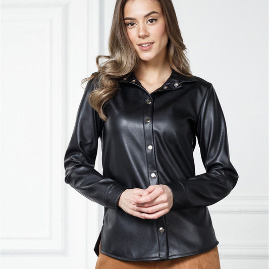 Spring Black Faux Leather Shirt Women Street Urban Casual Faux Leather Shirt