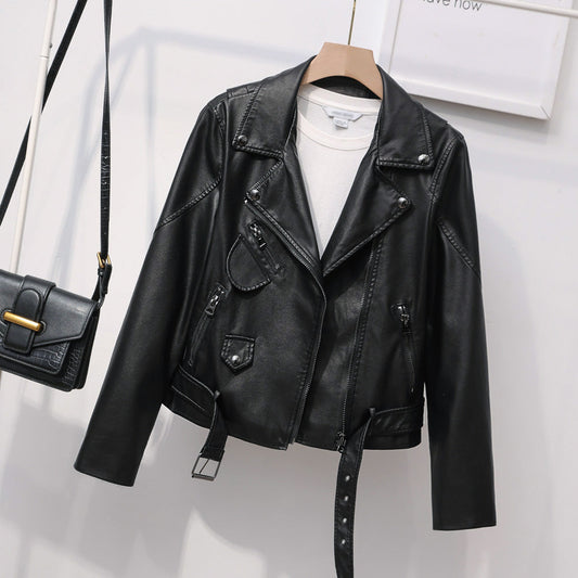Heavy Industry Zipper Collared Belt Women Faux Leather Jacket Haining Motorcycle Clothing Slim Short Coat