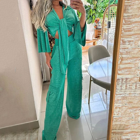 Women Wear Suit Summer Casual Lace Up Top Loose Trousers Two Piece Suit