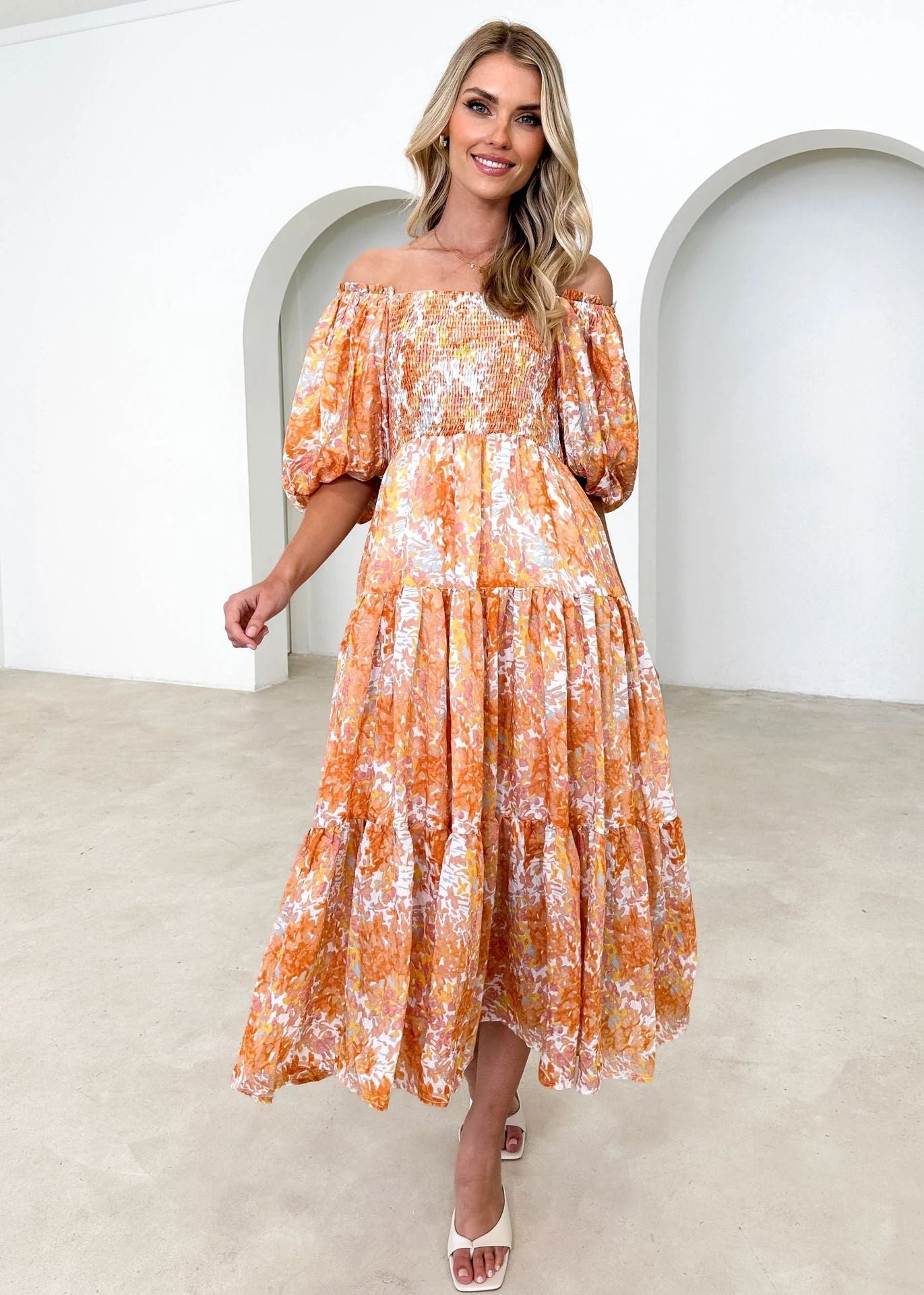 Summer Vacation Bubble Sleeve Printing French Tiered Dress