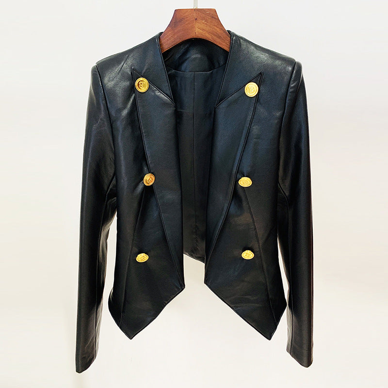 Goods Autumn Winter Metal Double Breasted Slim Fit Collarless Leather Blazer Jacket