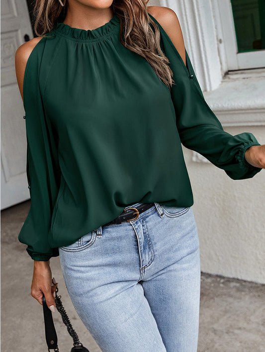 Autumn Winter Women Solid Color Lotus Leaf Round Neck Long Sleeve Pleated Off Shoulder Blouse