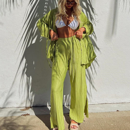 Women Spring Summer Set Pleated Shirt Long Sleeve Collared Cardigan Split Trousers Pajamas Two Piece