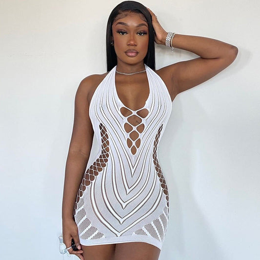 Spring Halter Backless Sexy Mesh Dress Delivery Women Clothing