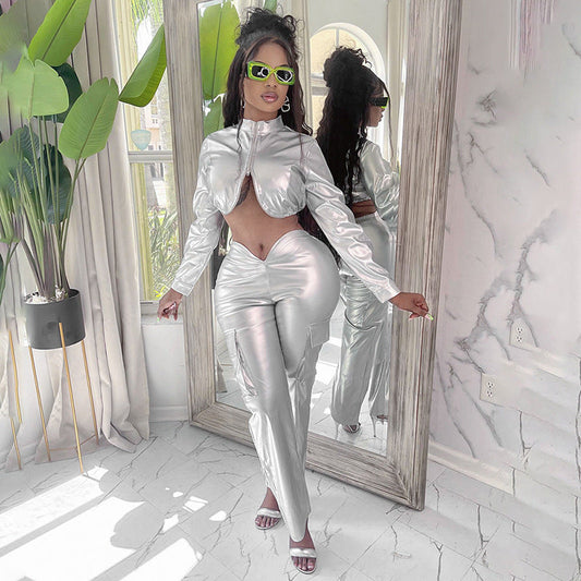 Metallic Coated Fabric Autumn Winter Technology Sense Cropped Long Sleeve Faux Leather Shirt Hip Lifting Casual Pants Sets