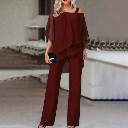 Women Clothing Solid Color Loose Casual Sleeve Irregular Asymmetric Suit