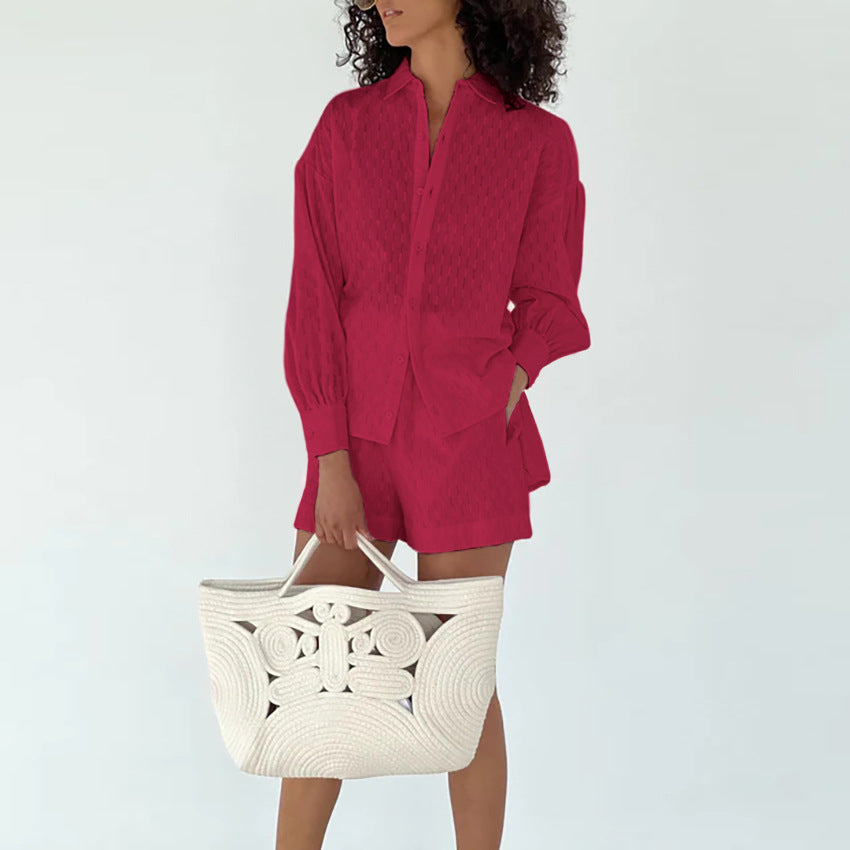 Summer Women Shirt Jacquard Lantern Sleeve Elegant Top Shorts Office Design Casual Suit textured