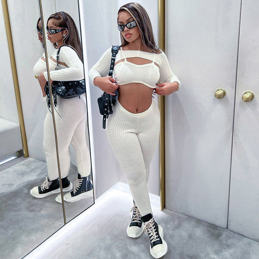 Women Clothing Winter Sexy Solid Color Top Strap Tight Trousers Three Piece Set for Women