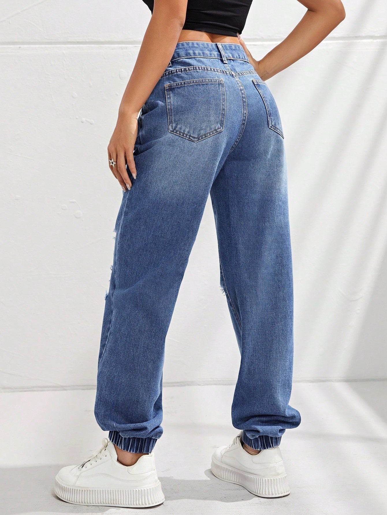 Women Clothing High Waist Slimming Holes Ankle Tied Jeans