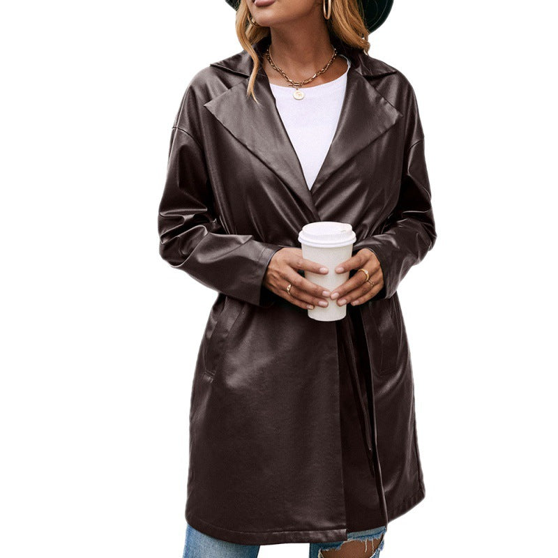 Mid-Length Faux Leather Blazer Lace up Slim Fit Long Sleeve Biker Leather Trench Coat Women