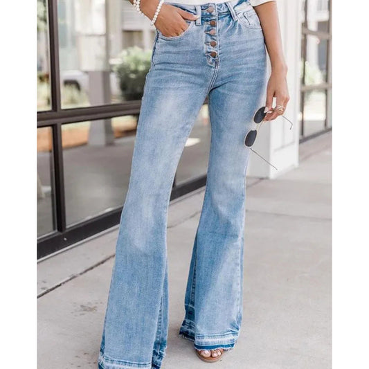 Autumn Button High Waist Retro Flared Jeans for Women
