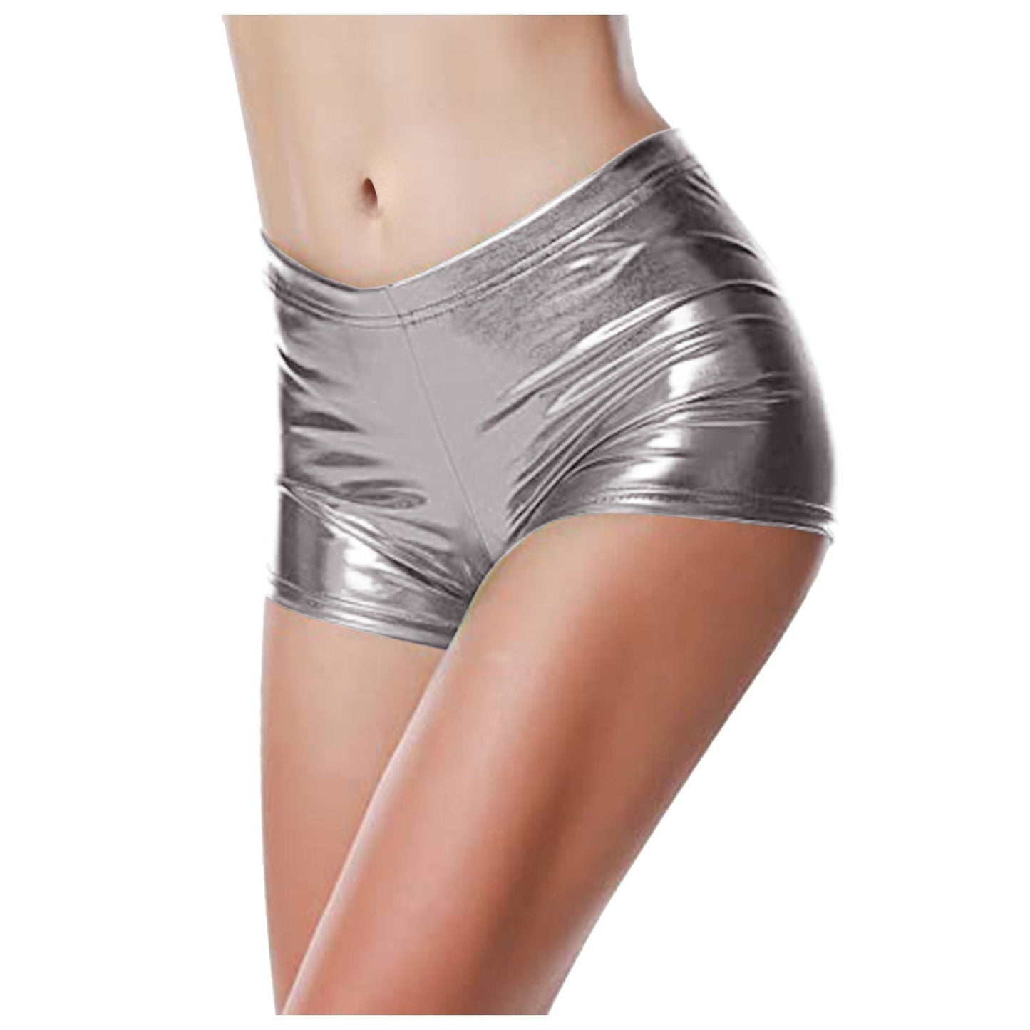 Metallic Coated Fabric Shorts Women Activity Stage Wear Elastic Waist Color Bronzing Patent Leather Sexy Pants