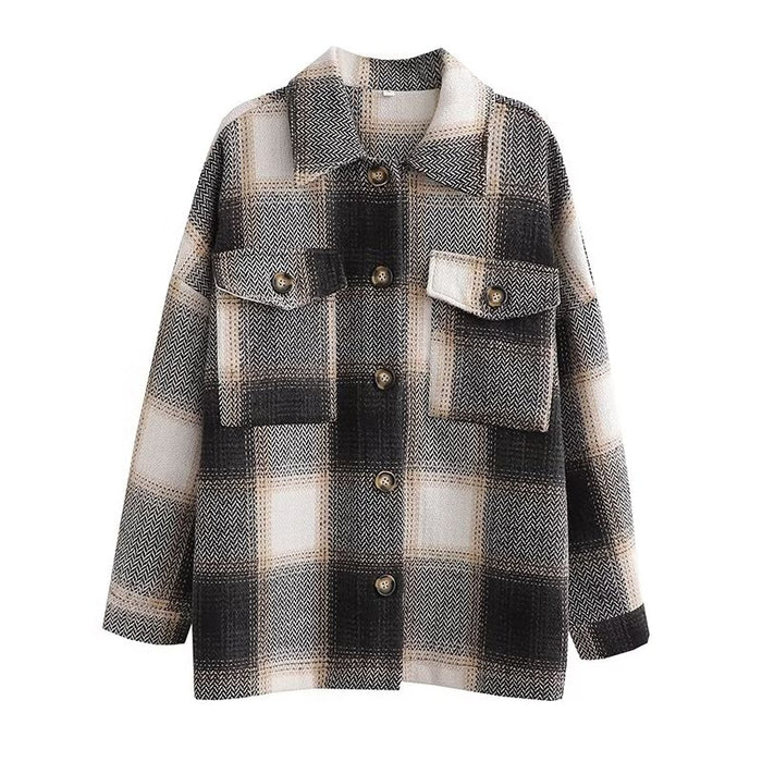 Fall Women Clothing Fashionable Pocket Shirt Plaid Coat