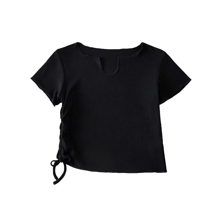 Comfort Casual Drawstring Short Sleeve Top Slim Fit Short Inner Spring Summer T shirt for Women