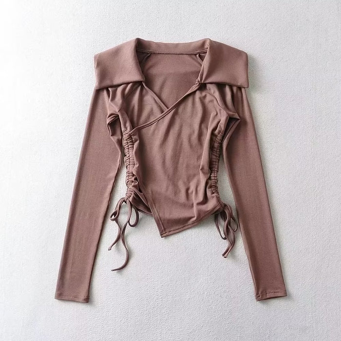 Large Collared Pleating Lace up Sweater Women Bottoming Shirt Elegant Slightly Mature Irregular Asymmetric Short Top