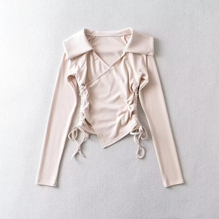 Large Collared Pleating Lace up Sweater Women Bottoming Shirt Elegant Slightly Mature Irregular Asymmetric Short Top