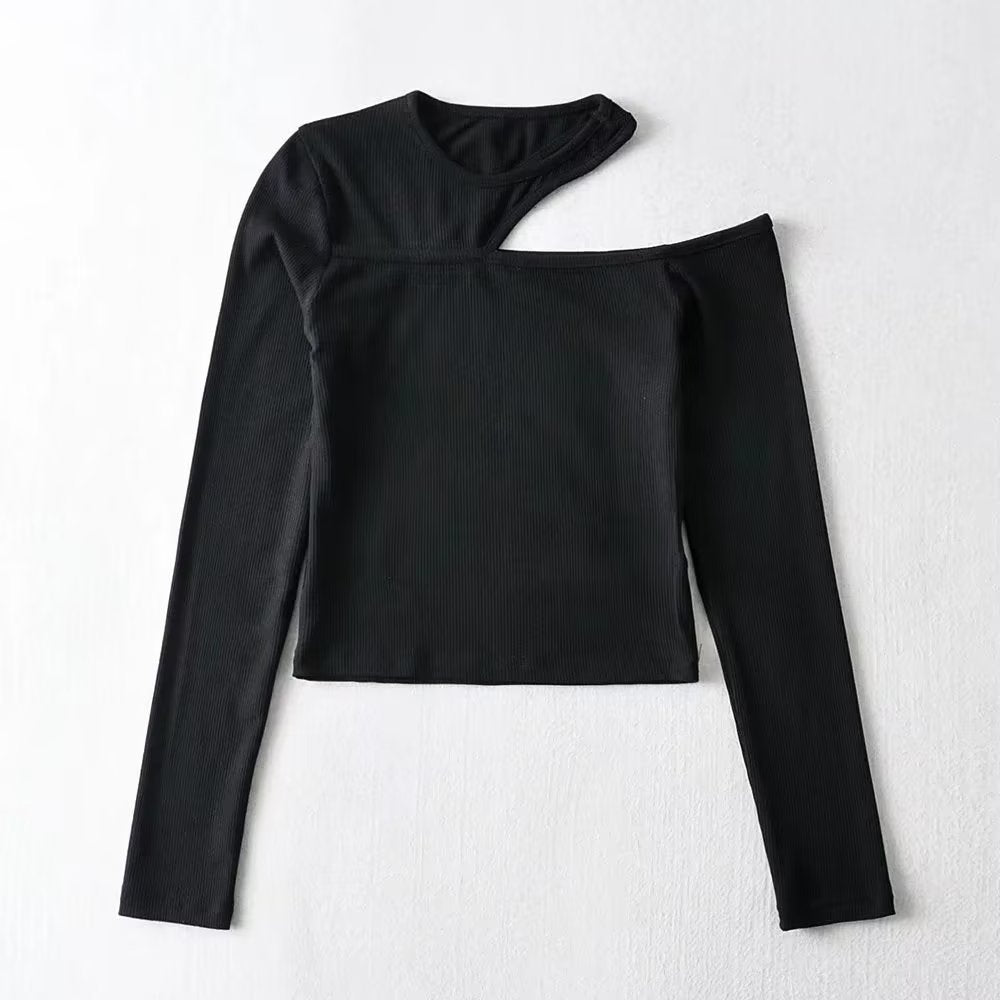 Women Clothing Spring Slim Fit Sloping Exposed Shoulder Stretch Bottoming Shirt Long Sleeve T shirt Women