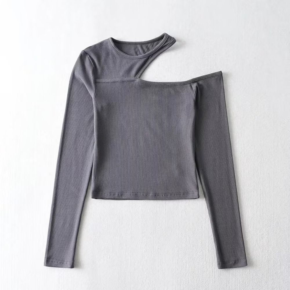 Women Clothing Spring Slim Fit Sloping Exposed Shoulder Stretch Bottoming Shirt Long Sleeve T shirt Women