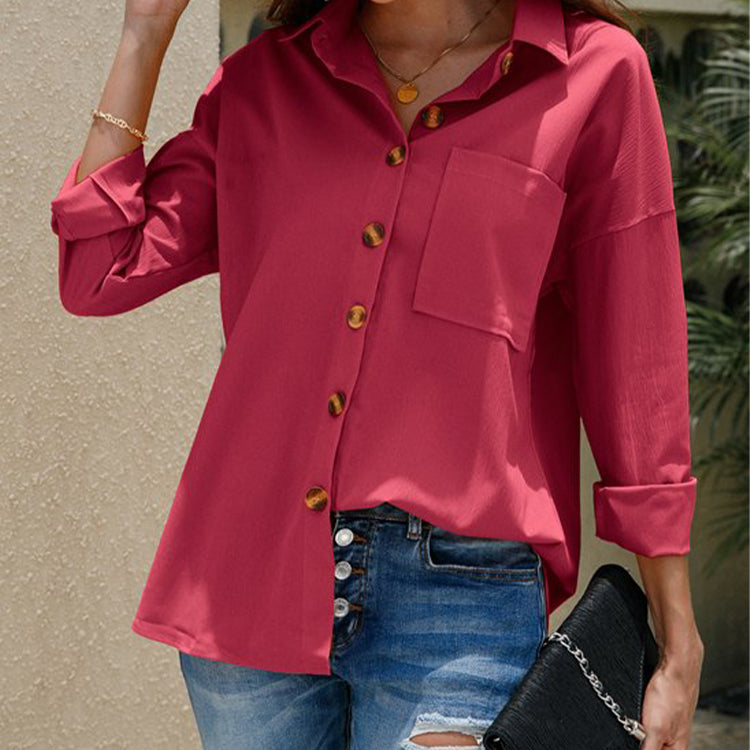 Fall Women Clothing Solid Color Casual Plus Size Long Sleeve Shirt Top Women