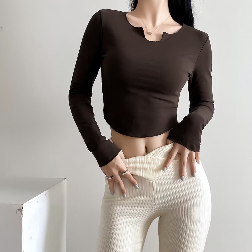 Autumn Blogger Fungus Long Sleeve Bottoming Shirt Stretch Slim Fit Solid Color T shirt Top