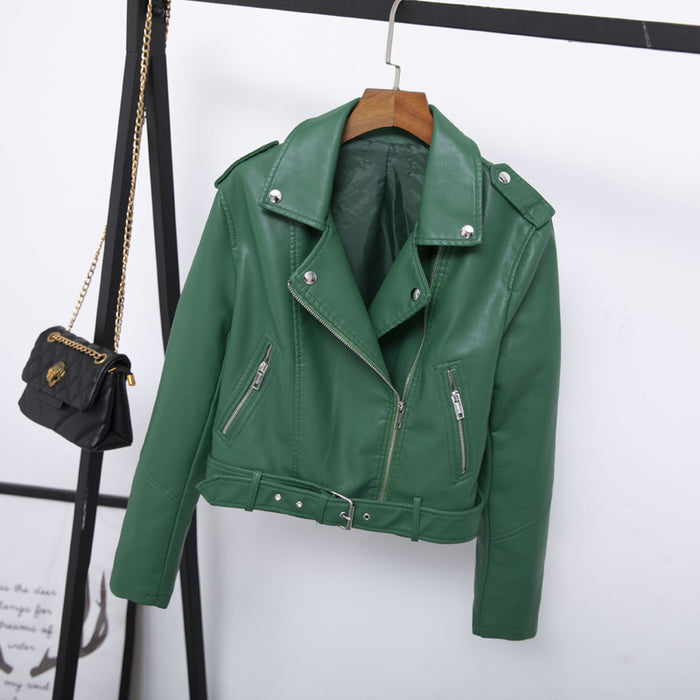 Autumn Epaulet Collared Short Belt Women Faux Leather Coat Simple Leather Jacket Motorcycle Jacket