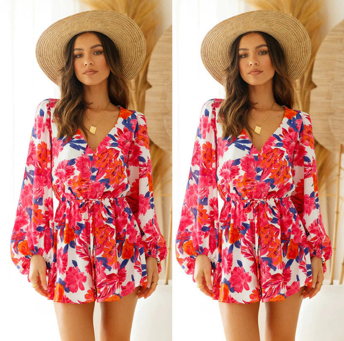 Women Boho Vacation Elegant Tie V Neck Floral Long Lantern Sleeve A Line Dress