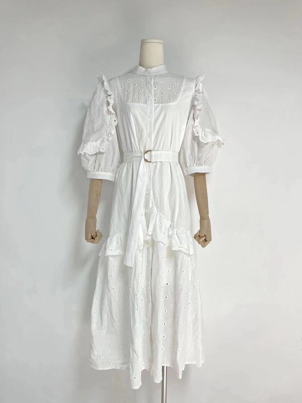Women Spring Summer Fall Stand Collar Ruffle Belted Embroidery A Line Dress Shirt Dress