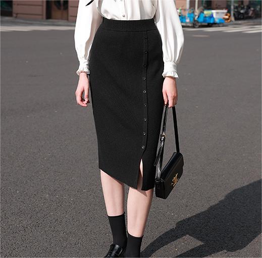 Autumn Winter High Waist Elastic Waist Knitted Skirt Slit Sheath Skirt Mid Length Slimming Women