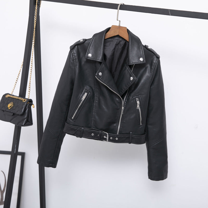 Autumn Epaulet Collared Short Belt Women Faux Leather Coat Simple Leather Jacket Motorcycle Jacket