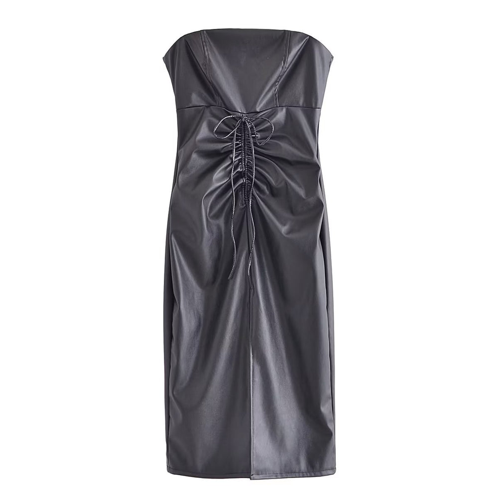 Summer Wind Women High Split Drawstring Ruffle Leather Chest Wrapped Dress