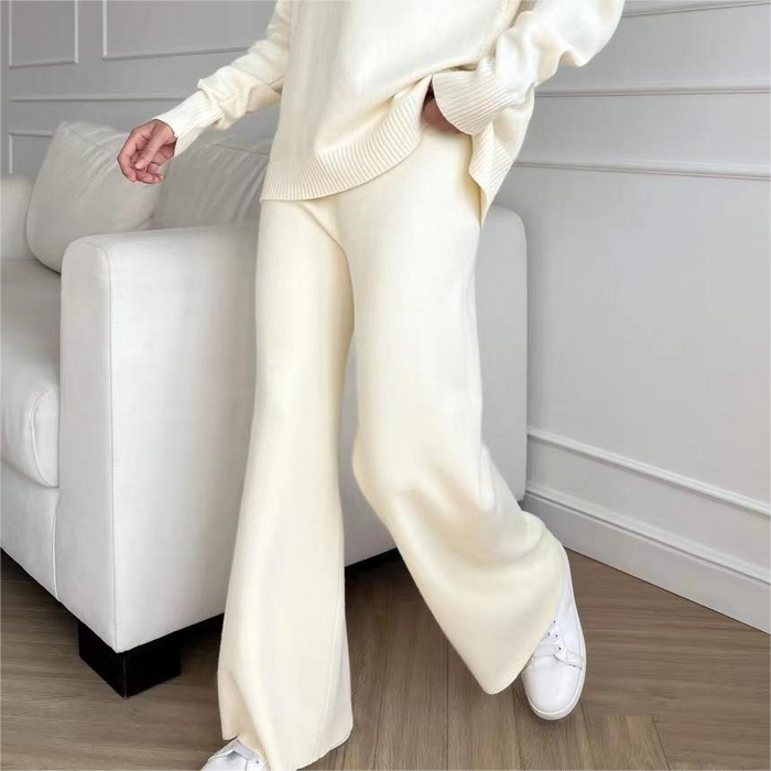 Autumn Winter High Collar Loose Slit Long Sleeve Wide Leg Pants Set