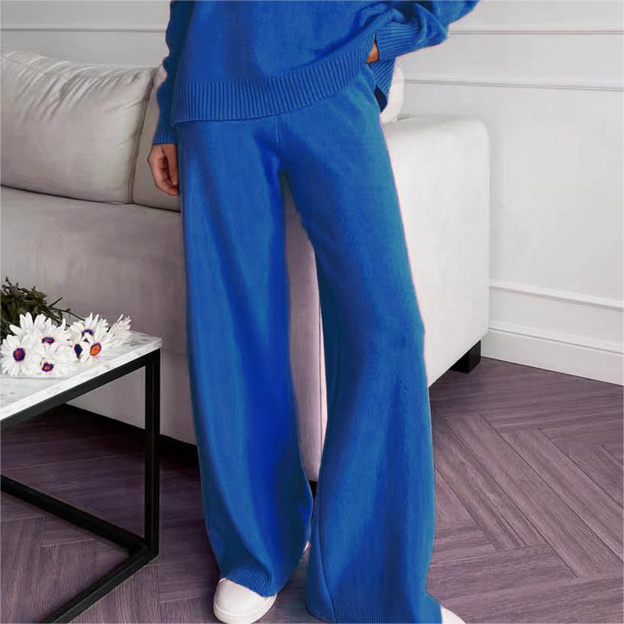 Autumn Winter High Collar Loose Slit Long Sleeve Wide Leg Pants Set