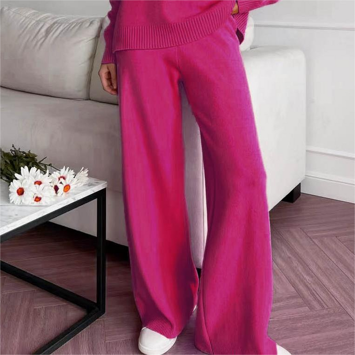 Autumn Winter High Collar Loose Slit Long Sleeve Wide Leg Pants Set