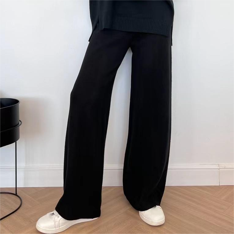 Autumn Winter High Collar Loose Slit Long Sleeve Wide Leg Pants Set