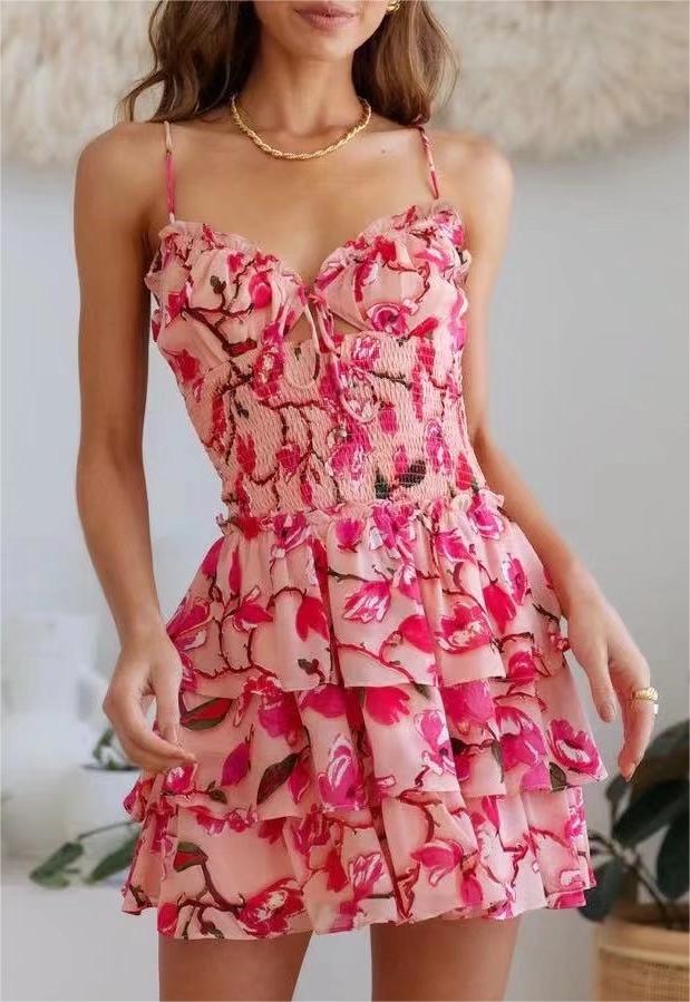Women Floral Print Multi Layer Strap Backless Tiered Dress