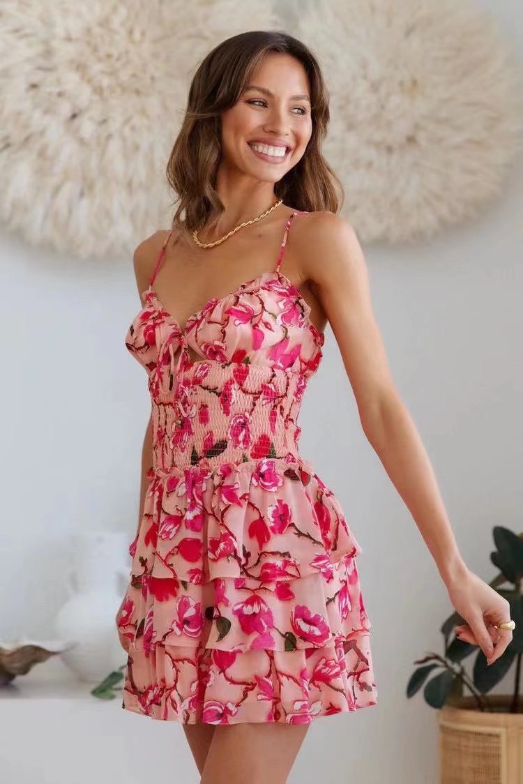 Women Floral Print Multi Layer Strap Backless Tiered Dress