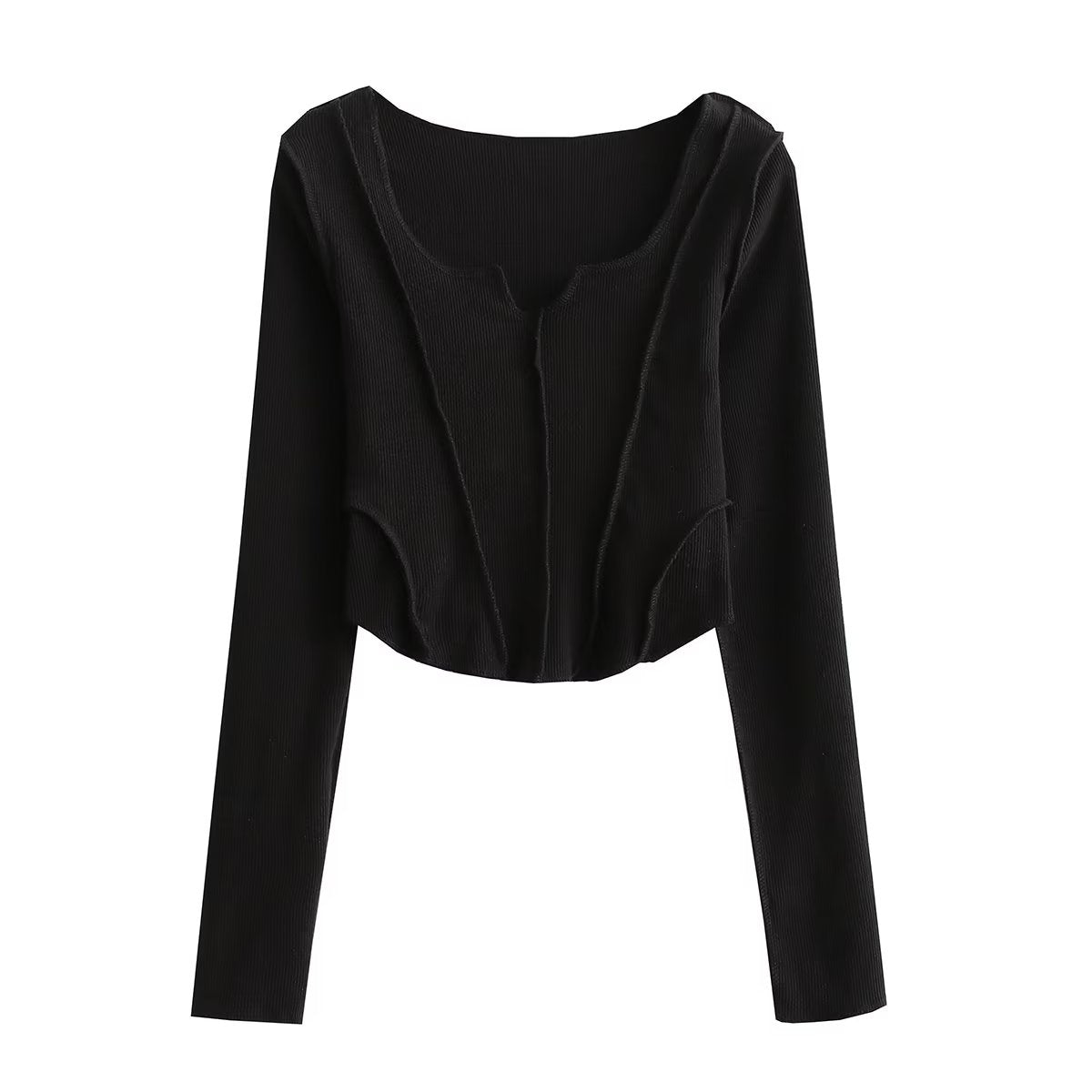 Reverse Stitching Stitching Long Sleeve T shirt Women Autumn Sexy Slim Curved Square Collar Cropped Top
