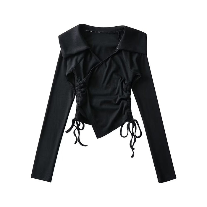 Winter Expert Large Collared Two Sides Drawstring Criss Cross V neck Long Sleeve Bottoming Shirt