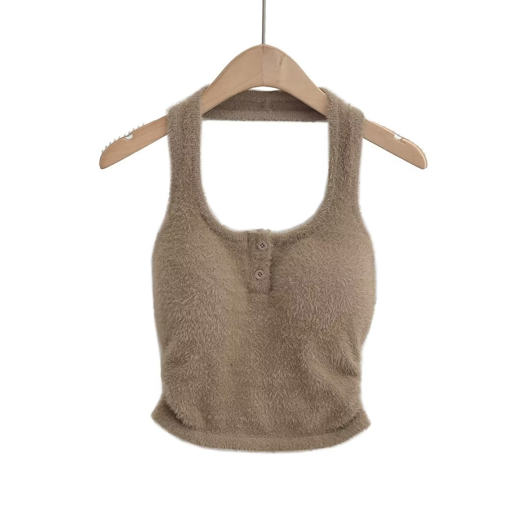 Sexy Flat Collar Short Cropped Exposed Plush Camisole Summer