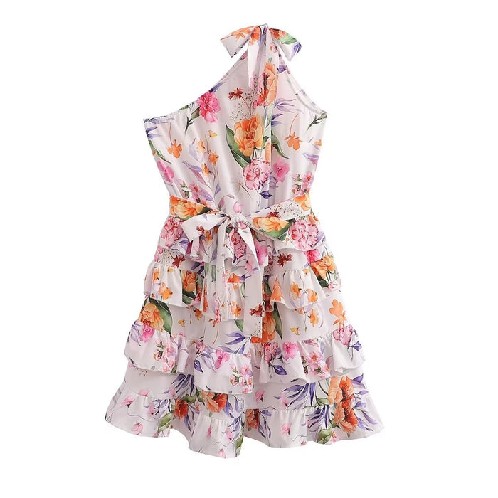 Spring Summer Women Floral Print round Neck Backless Tiered Dress