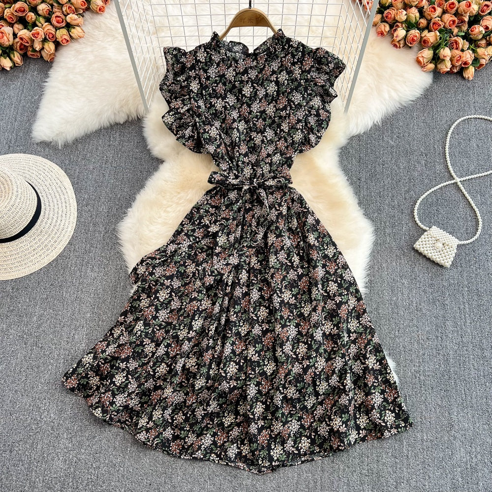 New Fashion Women A line Stand Neck Waist Chiffon Lotus Sleeve Dress