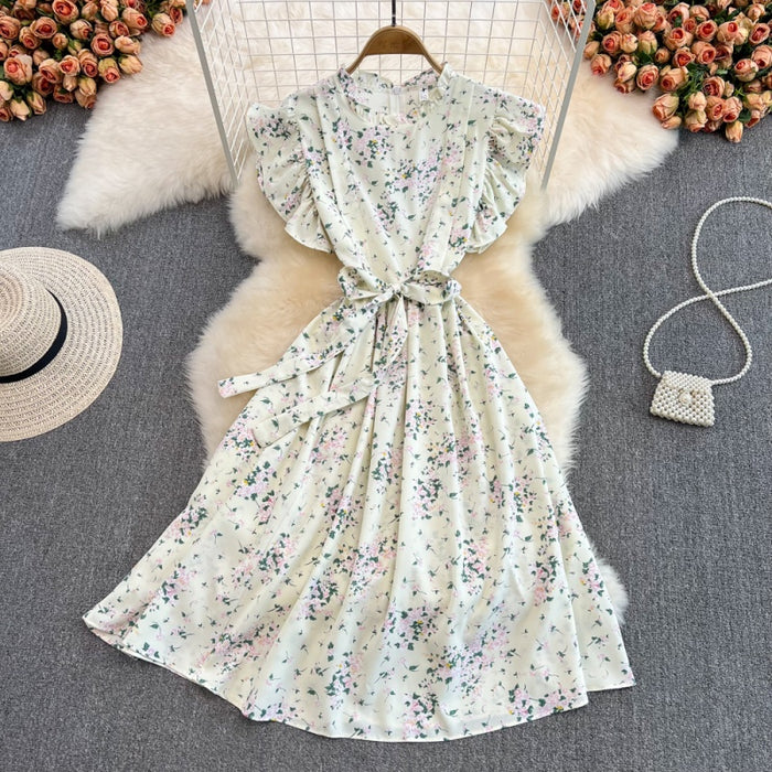 New Fashion Women A line Stand Neck Waist Chiffon Lotus Sleeve Dress