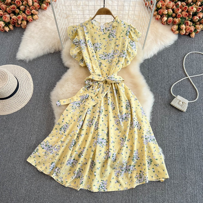 New Fashion Women A line Stand Neck Waist Chiffon Lotus Sleeve Dress