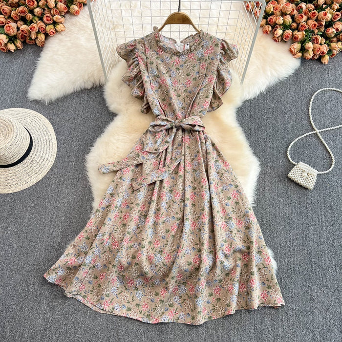 New Fashion Women A line Stand Neck Waist Chiffon Lotus Sleeve Dress