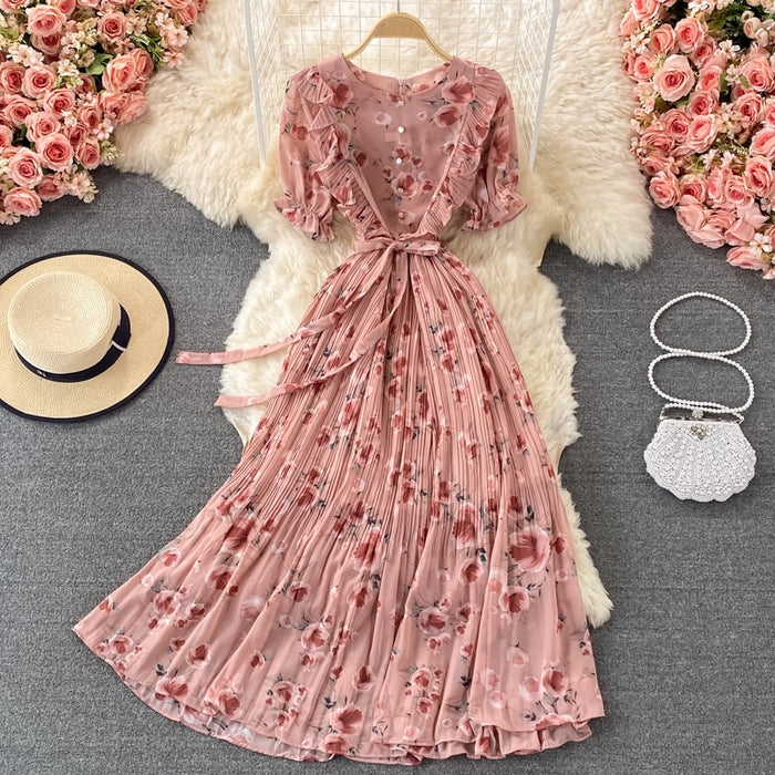 New Fashion A line V neck Short Sleeve Irregular Ruffle Flower Dress