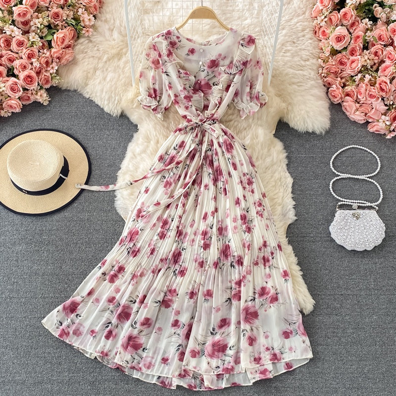 New Fashion A line V neck Short Sleeve Irregular Ruffle Flower Dress