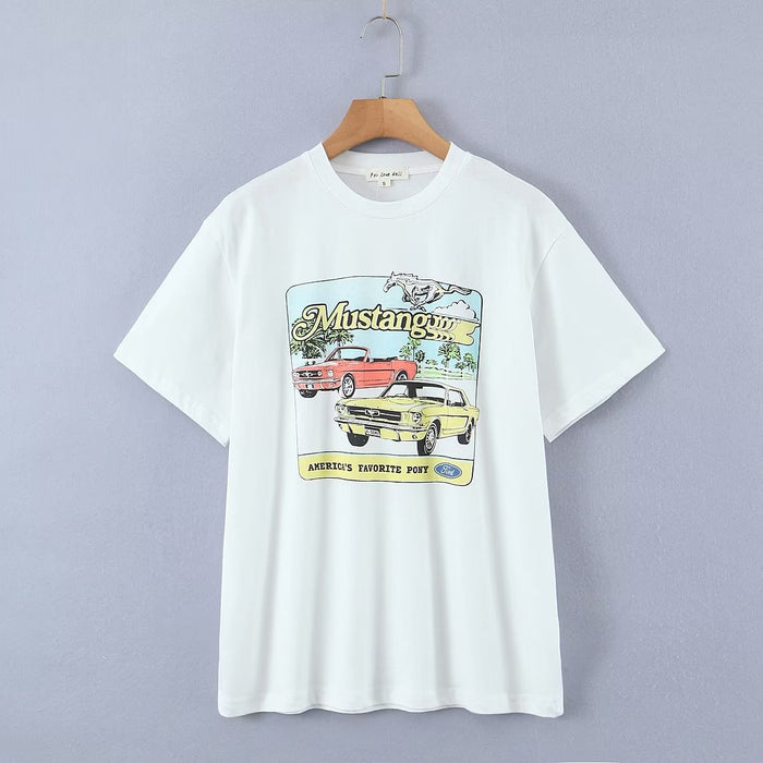 Summer Locomotive Printed Round Neck Pullover Short Sleeve T shirt Women