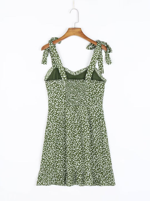 Early Spring French Vacation Green Bottom White Dots Wide Brimmed Lace up Back Elastic Dress