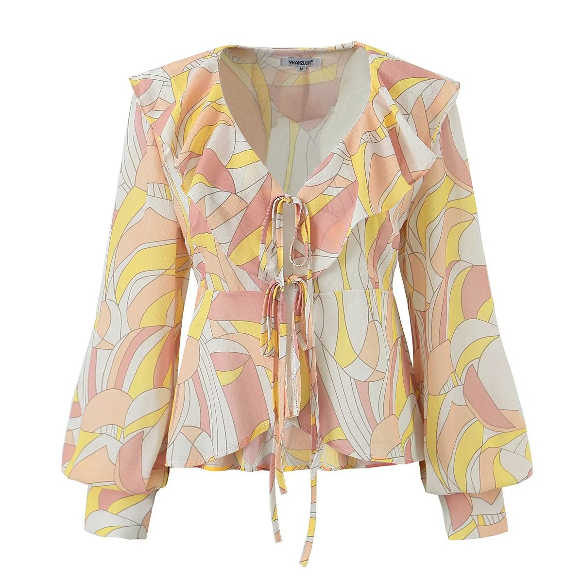 Autumn Winter Printed Lantern Sleeve Collared Cardigan Single Breasted Casual Shirt Women Top